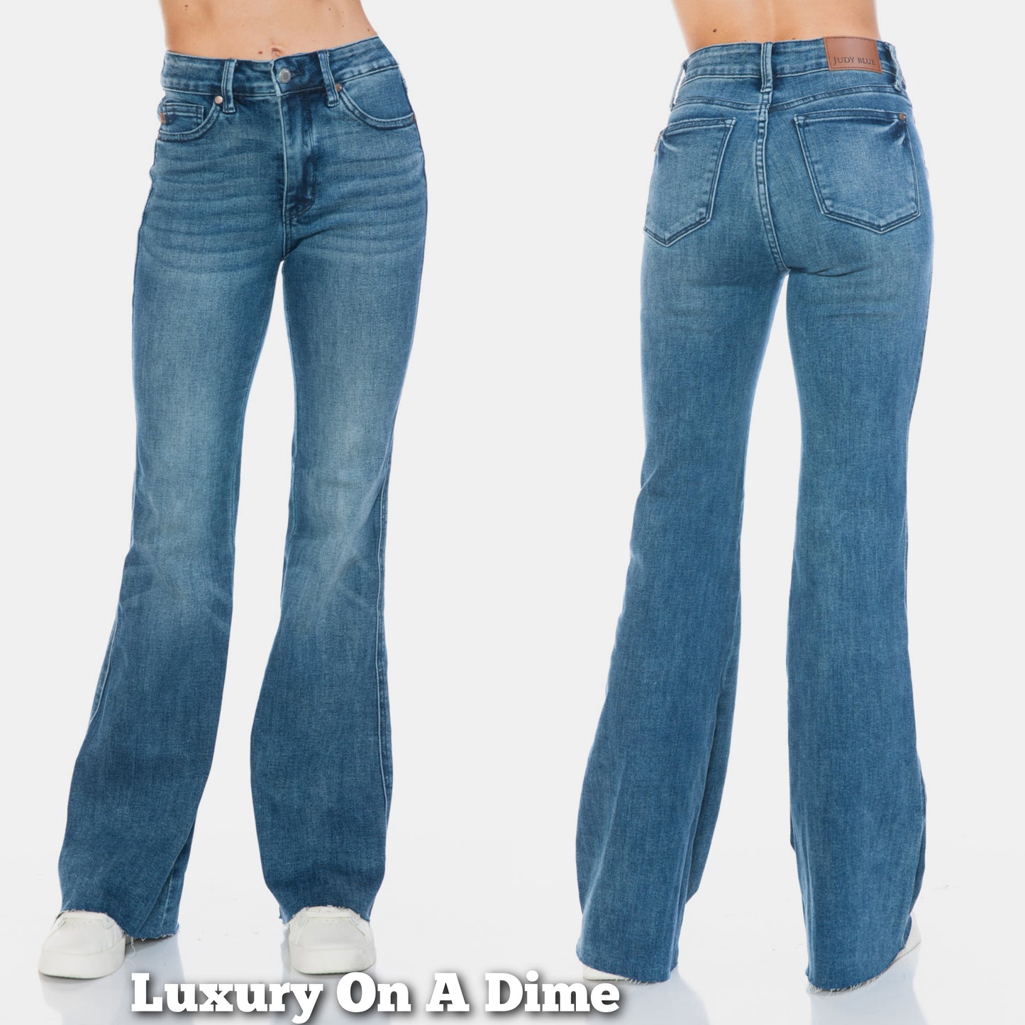 Judy Blue Tummy Control Mid-Rise Jeans Slim Fit Tapered Flare Cut-off Denim Pants