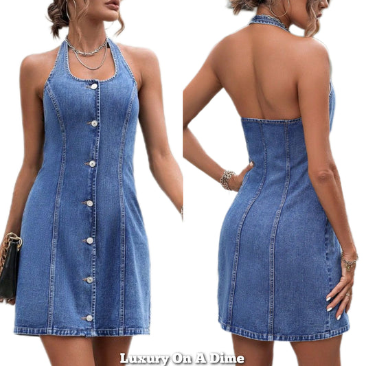 Retro Denim Halter Mini Dress Blue Jean Scoop Neck Backless Sheath Button Front