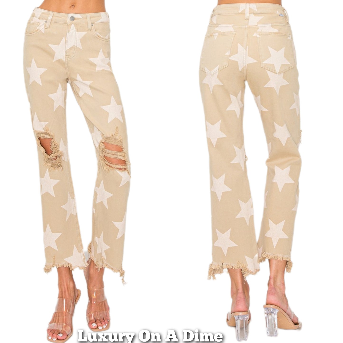 RISEN Star High-Rise Distressed Torn Hole Boyfriend Jeans Cropped Denim Pants