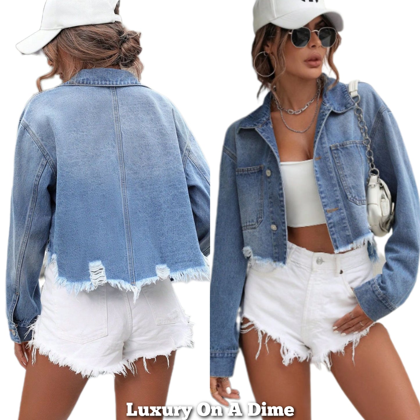 Cropped Distressed Raw Frayed Button-Up Blue Denim Classic Long Sleeve Jean Jacket