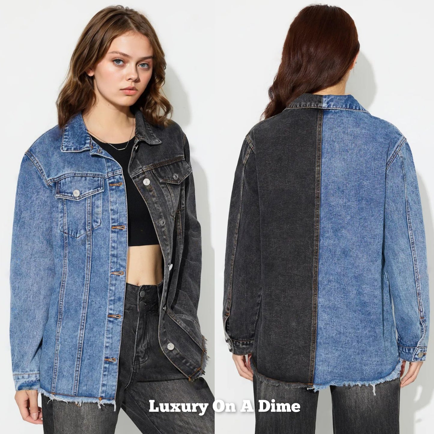 Two-tone Oversized Contrasting Denim Button-Up Jean Jacket Frayed Raw Hem Top