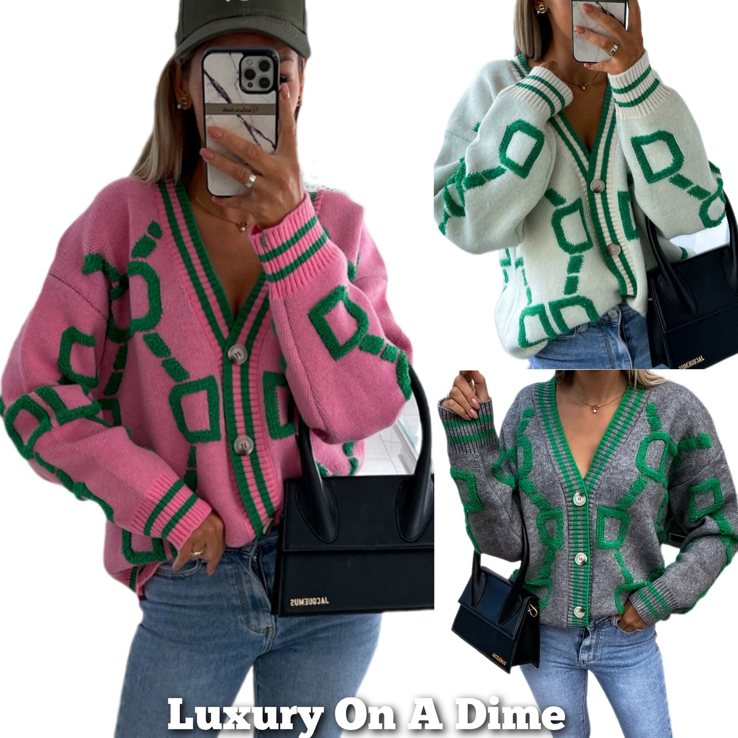 Fuzzy Varsity Cardigan Letterman Contrast Raised Long Sleeve Knit Button-Up Top