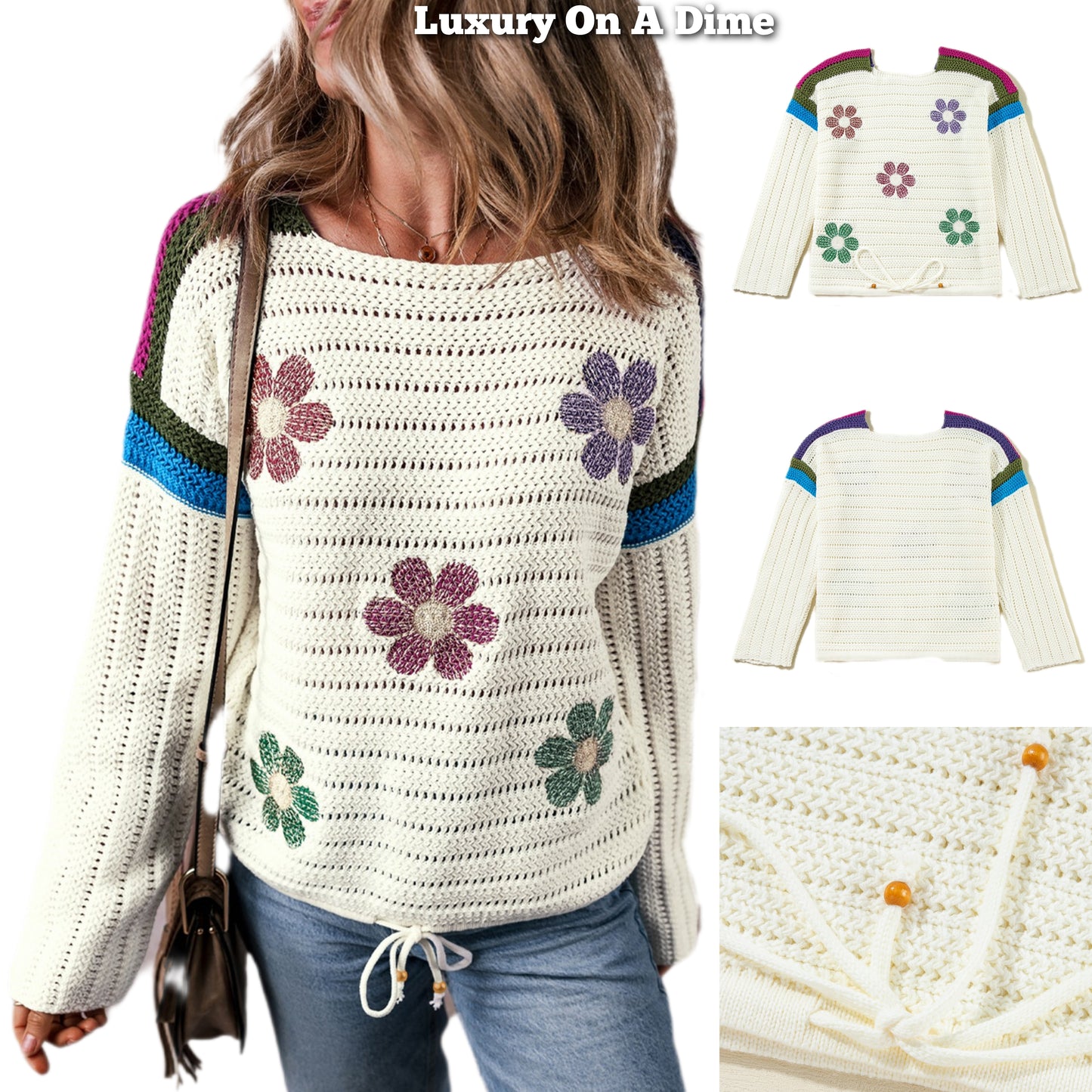 Colorful Crochet Daisy Retro Flower Hippie Long Sleeve Top Drawstring Hem Knit Sweater