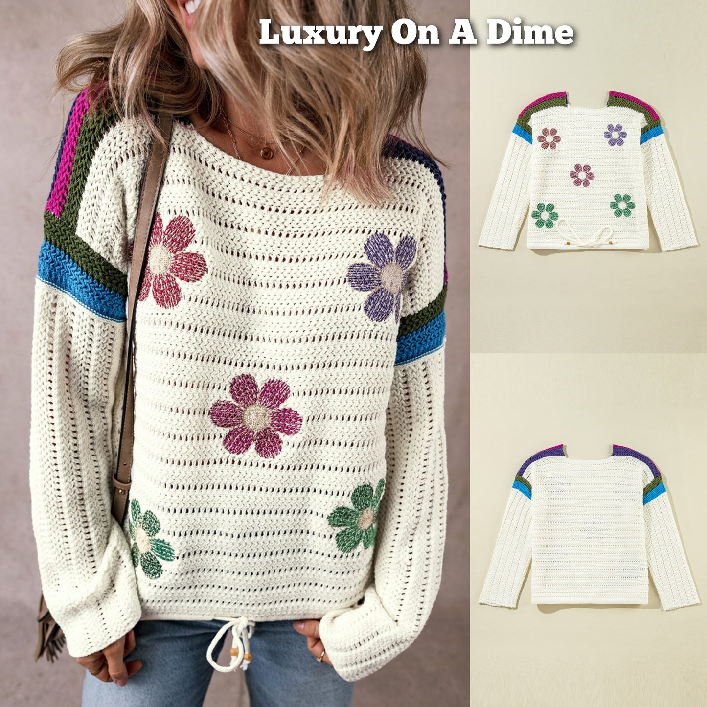 Colorful Crochet Daisy Retro Flower Hippie Long Sleeve Top Drawstring Hem Knit Sweater