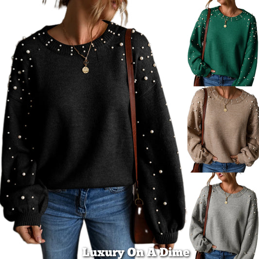 Pearl Beaded Knit Sweater Classy Pullover Long Sleeve Round Neck Sophisticated Top