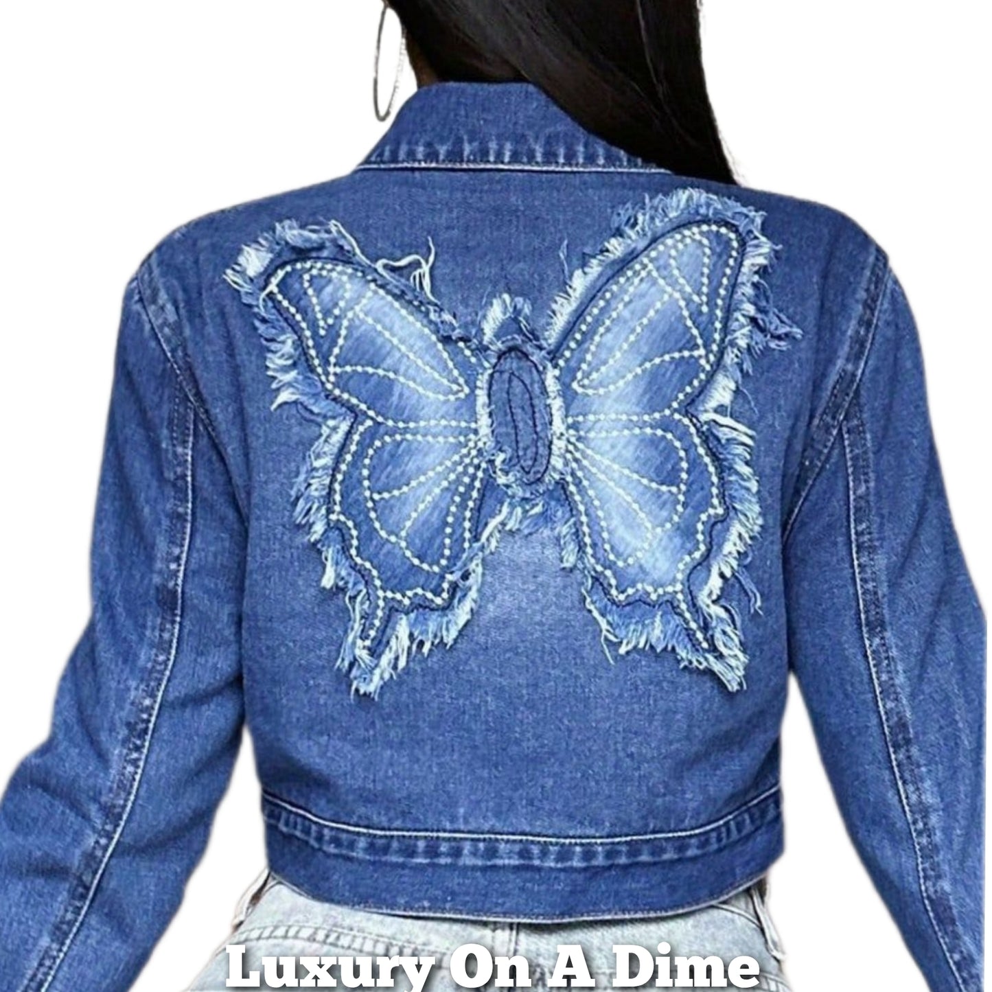 Butterfly Cropped Distressed Frayed Denim Collar Button-Up Pocket Jean Jacket