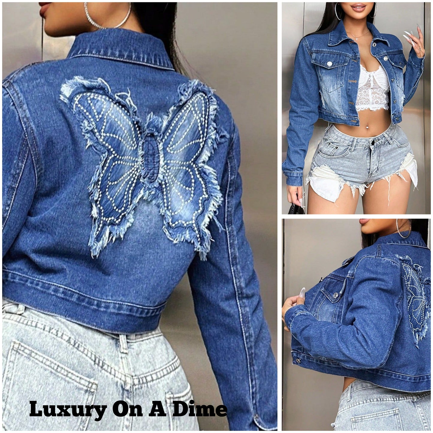 Butterfly Cropped Distressed Frayed Denim Collar Button-Up Pocket Jean Jacket