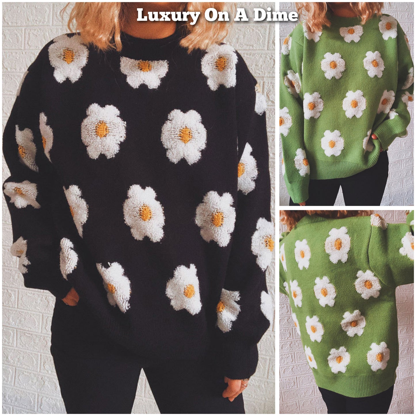 Contrasting Raised Retro Daisy Flower Pullover Long Sleeve Knit Sweater Shirt