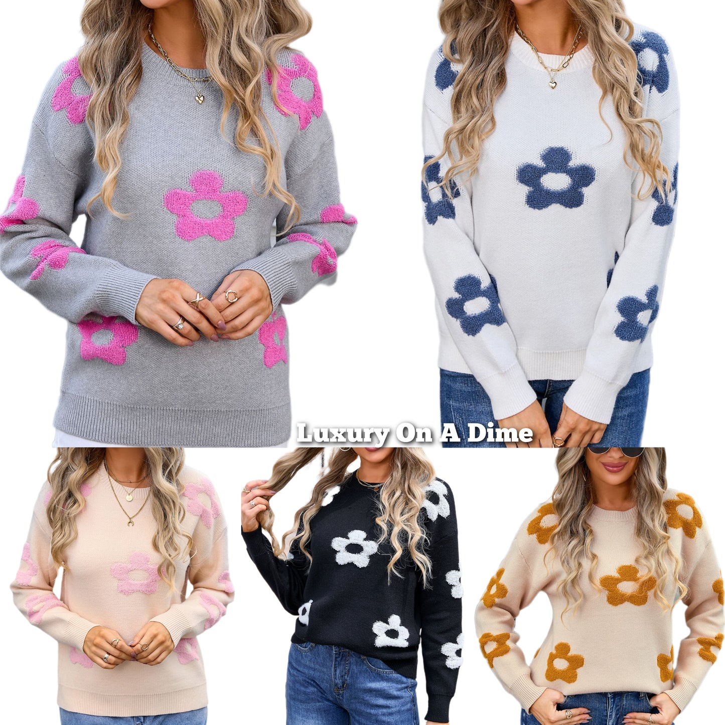 Daisy Raised Retro Contrasting Flower Pullover Top Long Sleeve Knit Sweater Shirt