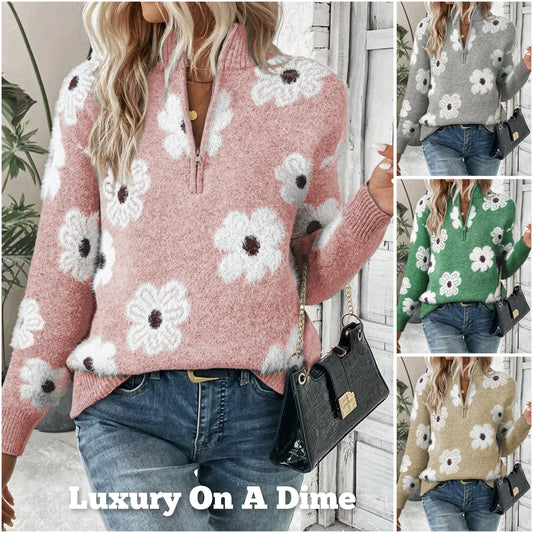 Fuzzy Half-Zip Pullover Daisy Retro Flower Top Eyelash Knit Henley Neck Sweater Shirt