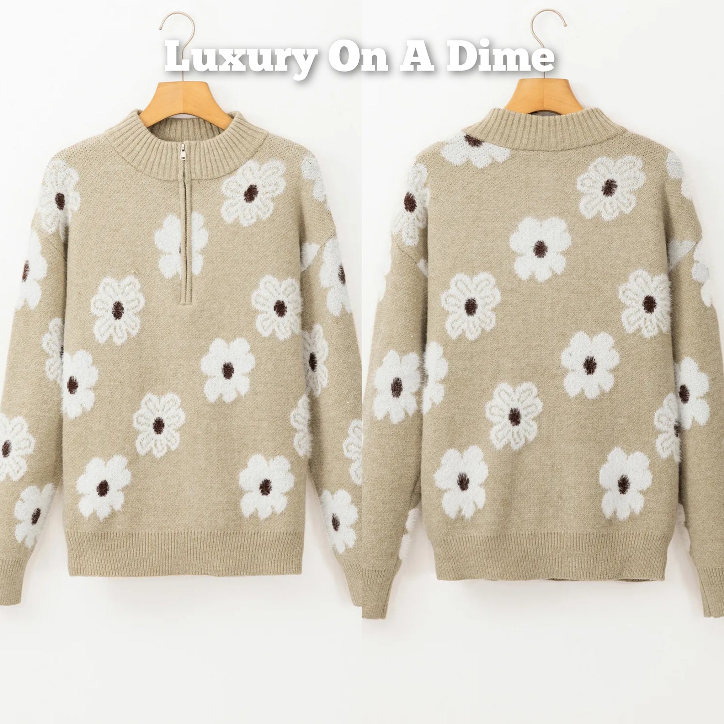 Fuzzy Half-Zip Pullover Daisy Retro Flower Top Eyelash Knit Henley Neck Sweater Shirt