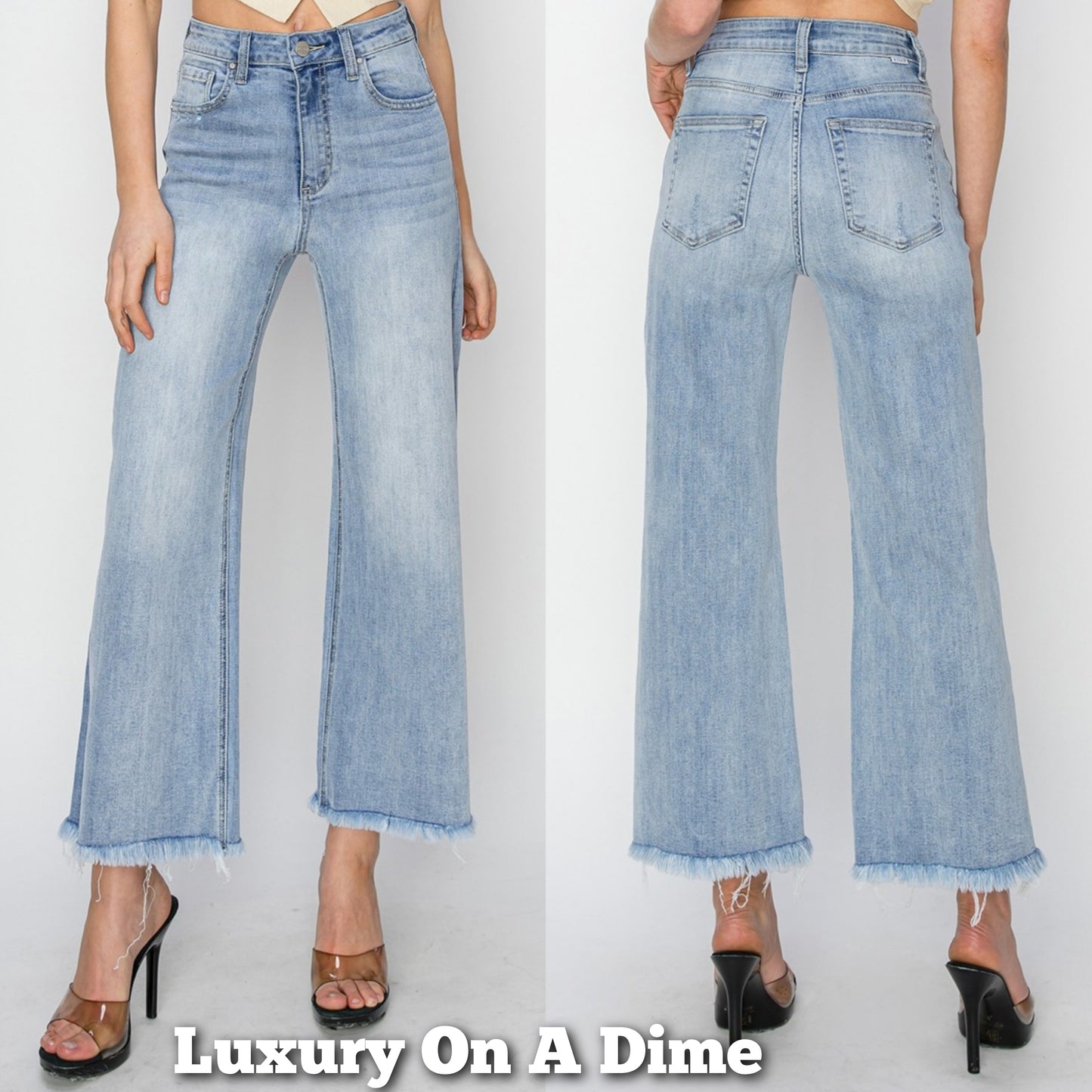 RISEN High-Rise Waist Pants Wide Leg Cropped Raw Frayed Hem Boyfriend Denim Jeans