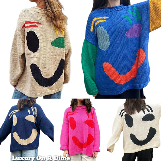 Knit Smiley Face Color Contrast Abstract Long Sleeve Oversized Pullover Sweater Top