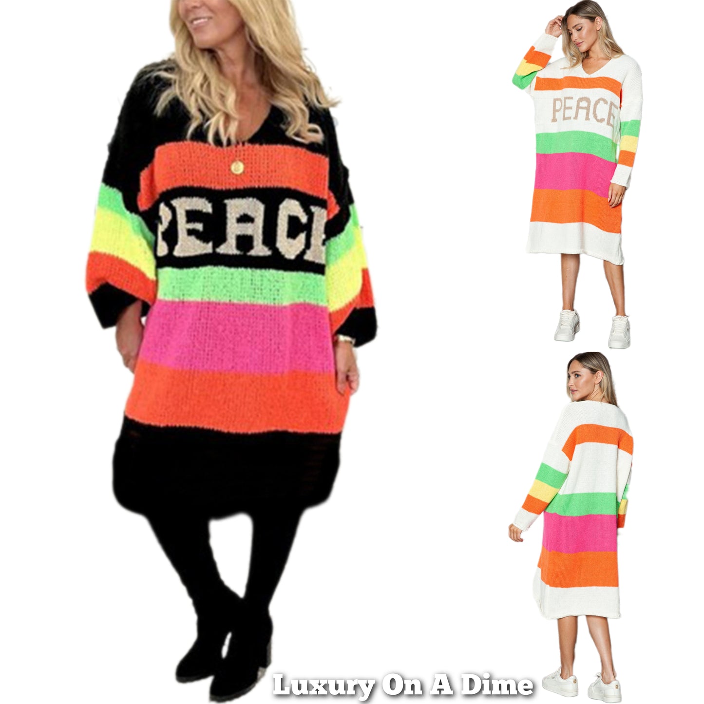 PEACE Oversized Knit Sweater Dress Colorful Contrasting Long Sleeve Knee Midi