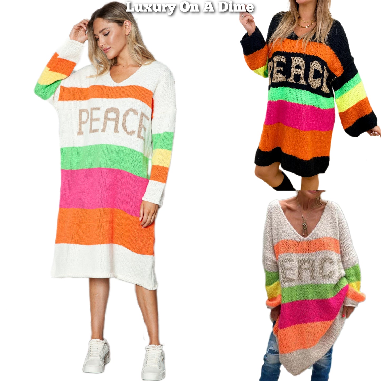 PEACE Oversized Knit Sweater Dress Colorful Contrasting Long Sleeve Knee Midi