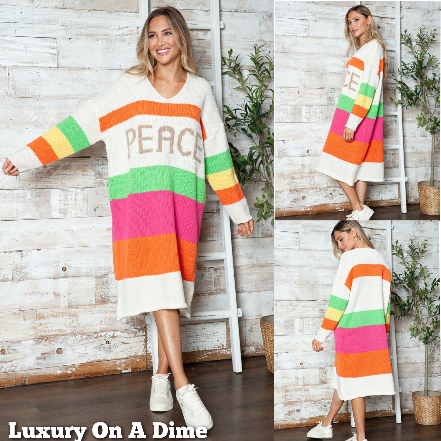 PEACE Oversized Knit Sweater Dress Colorful Contrasting Long Sleeve Knee Midi