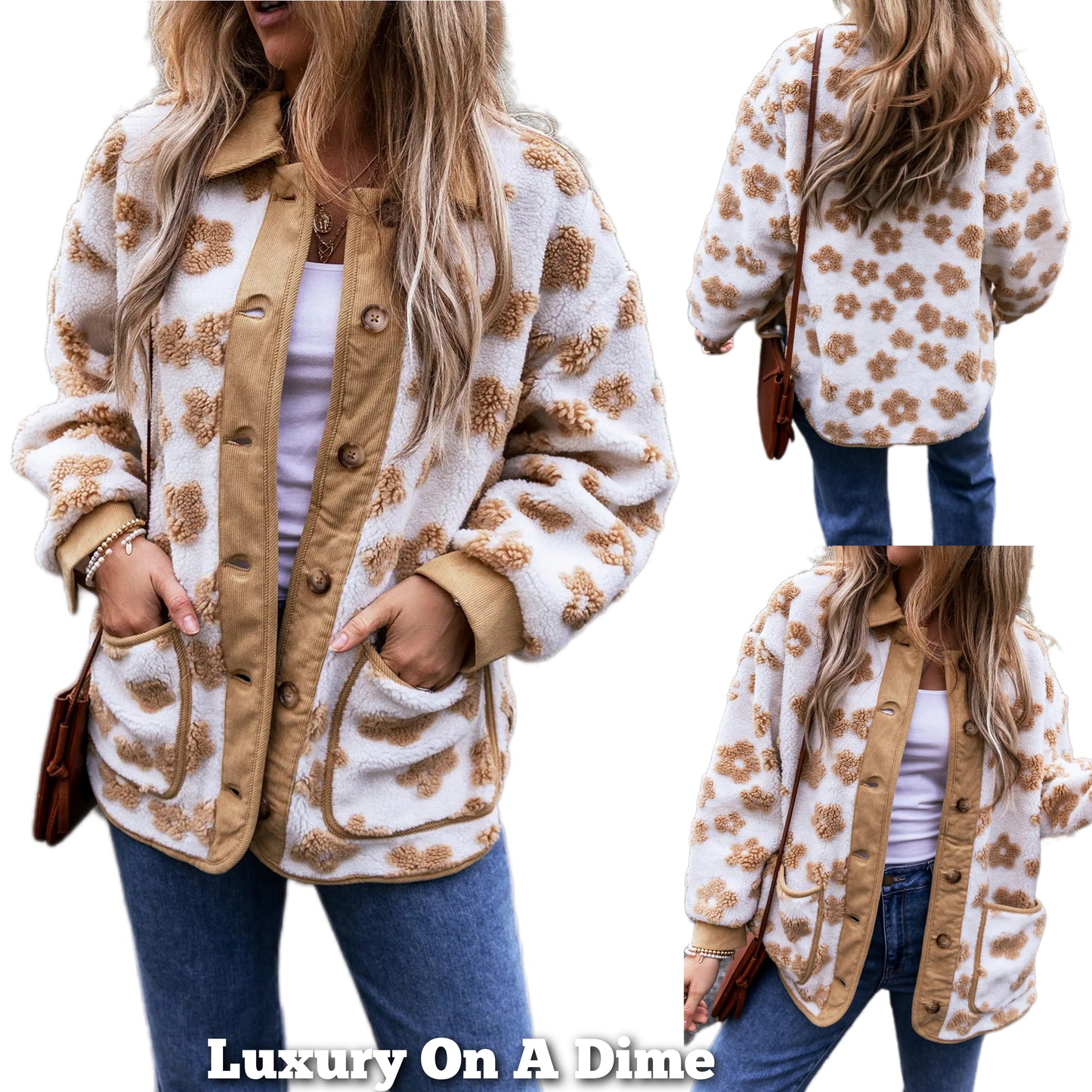 Fuzzy Daisy Knit Teddy Jacket Corduroy Button Front Patch Pocket Retro Coat