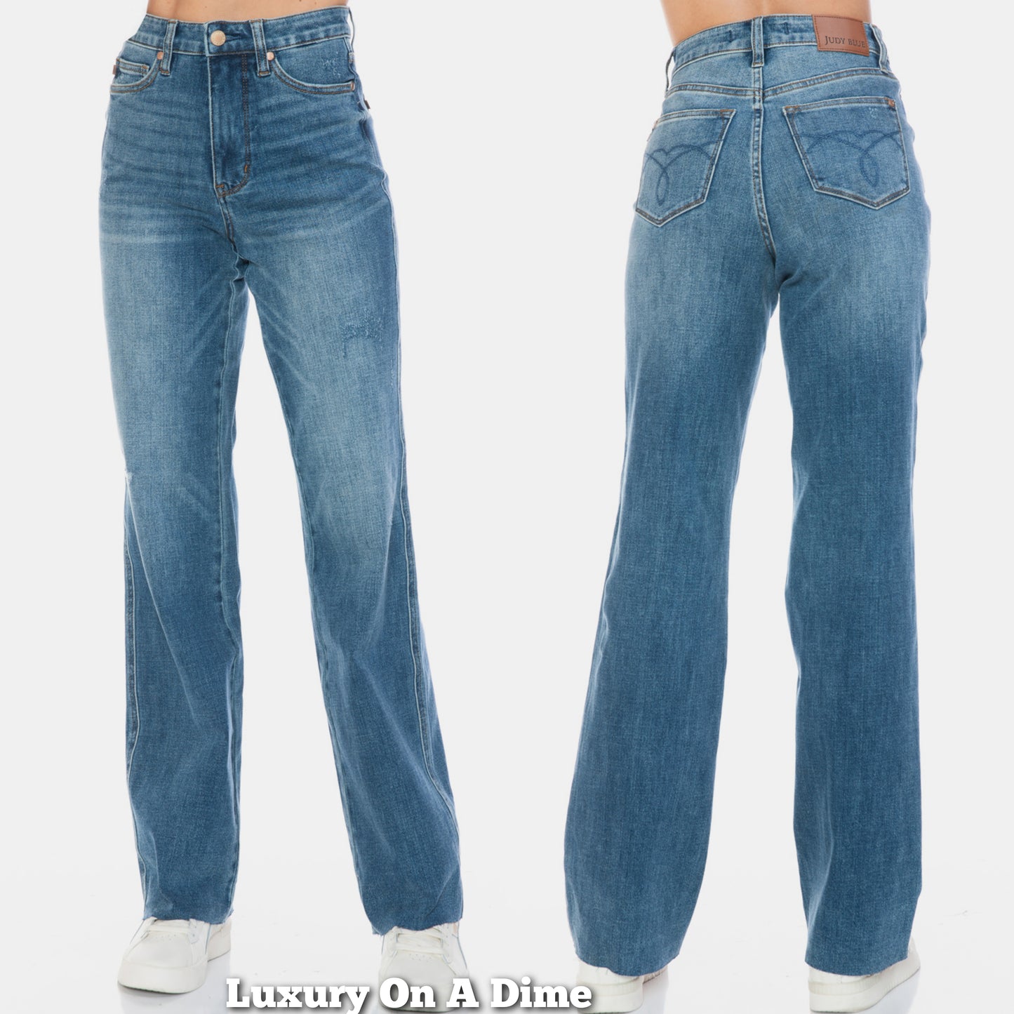 Judy Blue Tummy Control High-Rise Boyfriend Jeans Straight Leg Raw Denim Pants