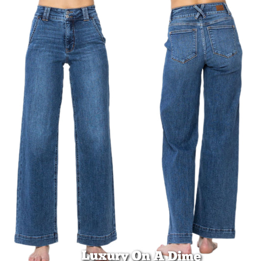 Judy Blue High-Rise Boyfriend Jeans Double Button Relaxed Wide Leg Denim Pants