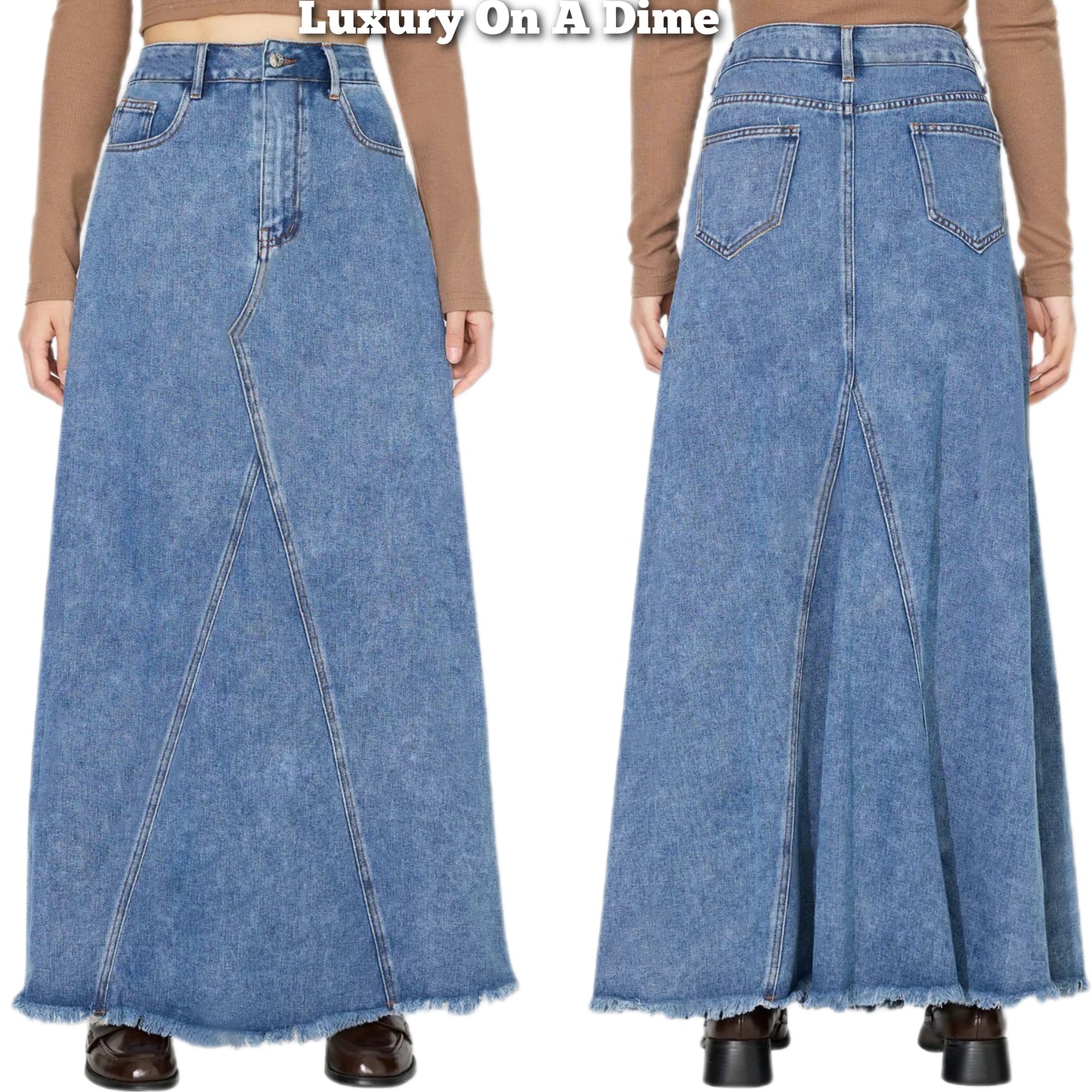 Retro Pocket High-Rise Waist Wide Panel Distressed Fringe Denim Blue Jean Maxi Skirt