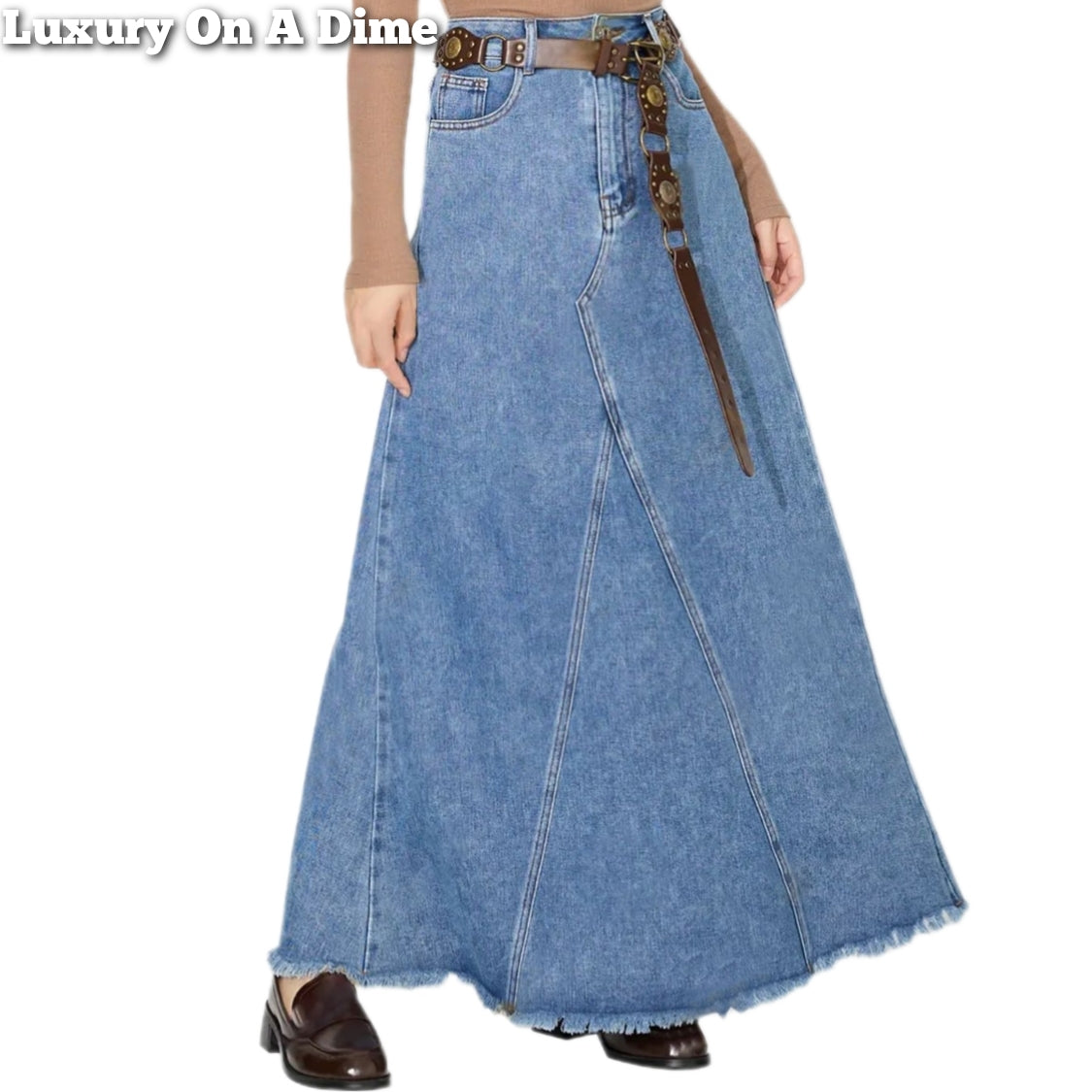 Retro Pocket High-Rise Waist Wide Panel Distressed Fringe Denim Blue Jean Maxi Skirt