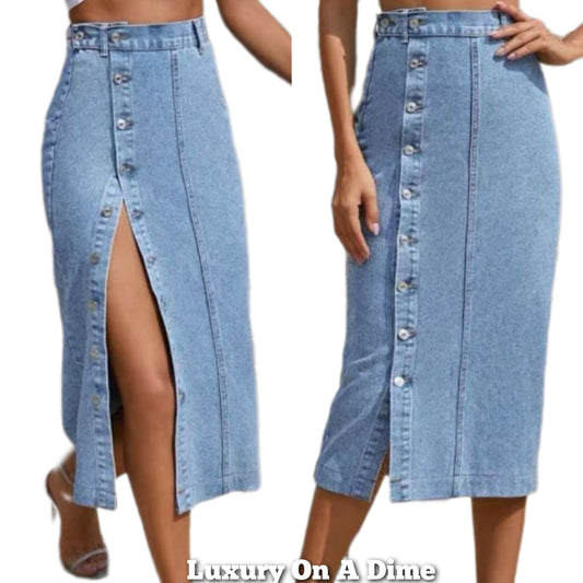 Retro High-Rise Waist Button Front Split Side Retro Blue Jean Midi Denim Pencil Skirt