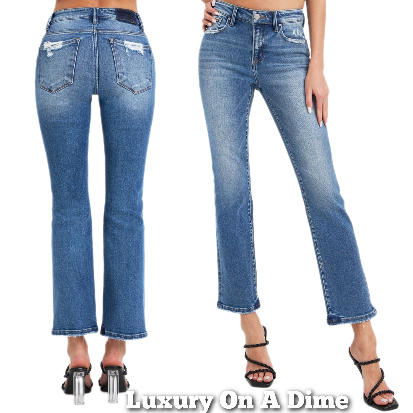 RISEN Mid-Rise Straight Leg Ankle Boyfriend Jeans Distressed Torn Denim Pants