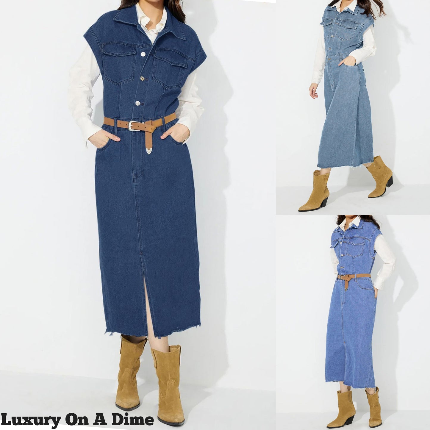 Denim Jacket Dress Pocket Chest Jean Collared Midi Half Button Slit Front