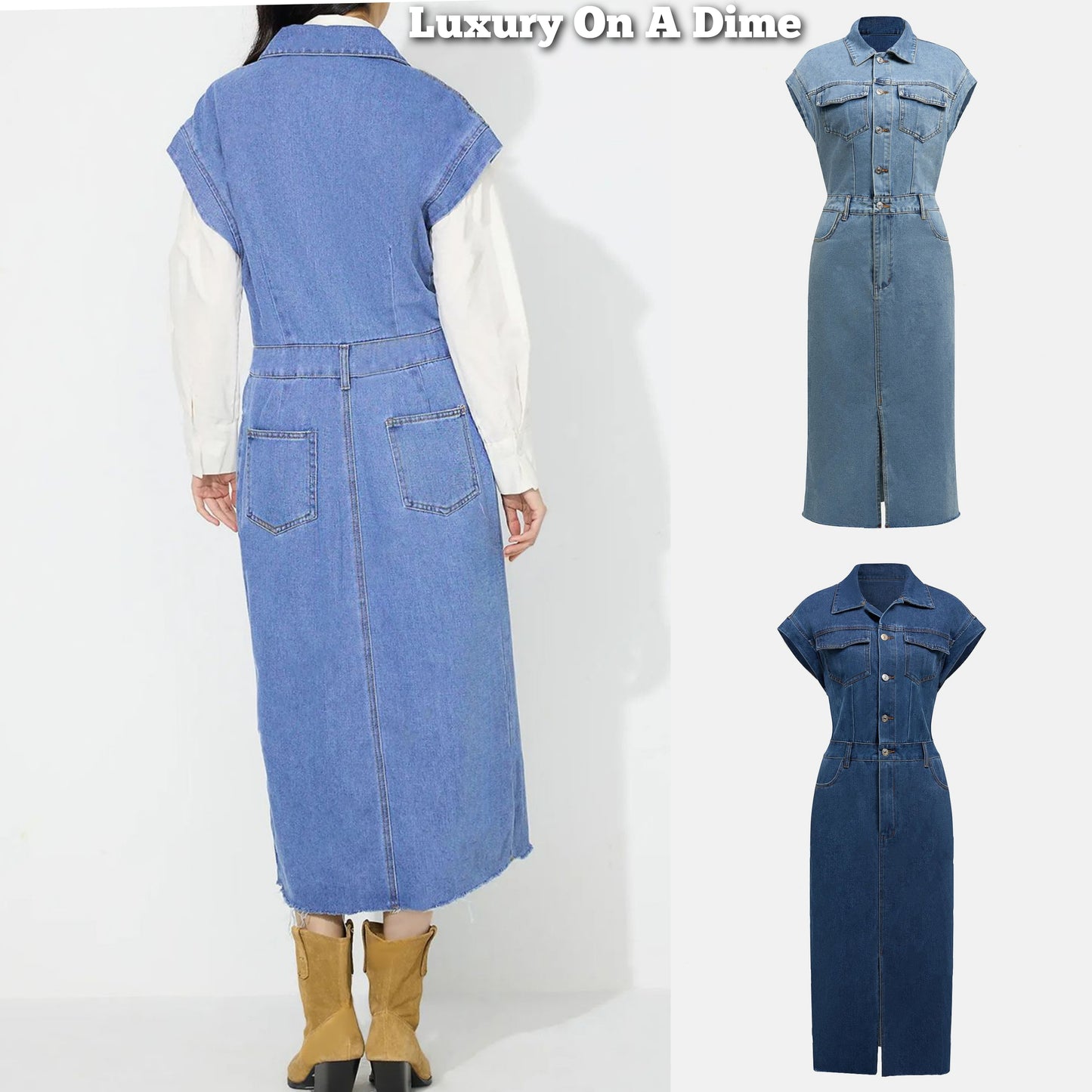 Denim Jacket Dress Pocket Chest Jean Collared Midi Half Button Slit Front