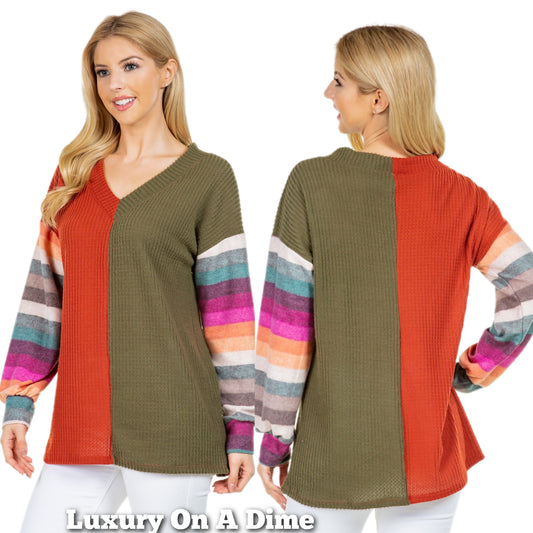 Celeste Patchwork Color Contrasting Top Stripe Long Sleeve Bohemian Waffle Knit Shirt