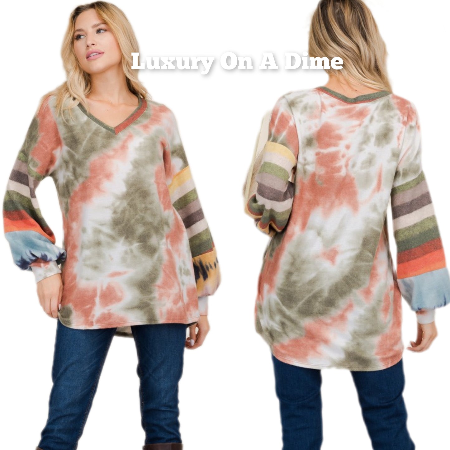 Celeste Tie-dye Patchwork Hippie Color Contrast Top Stripe Long Sleeve Boho Shirt