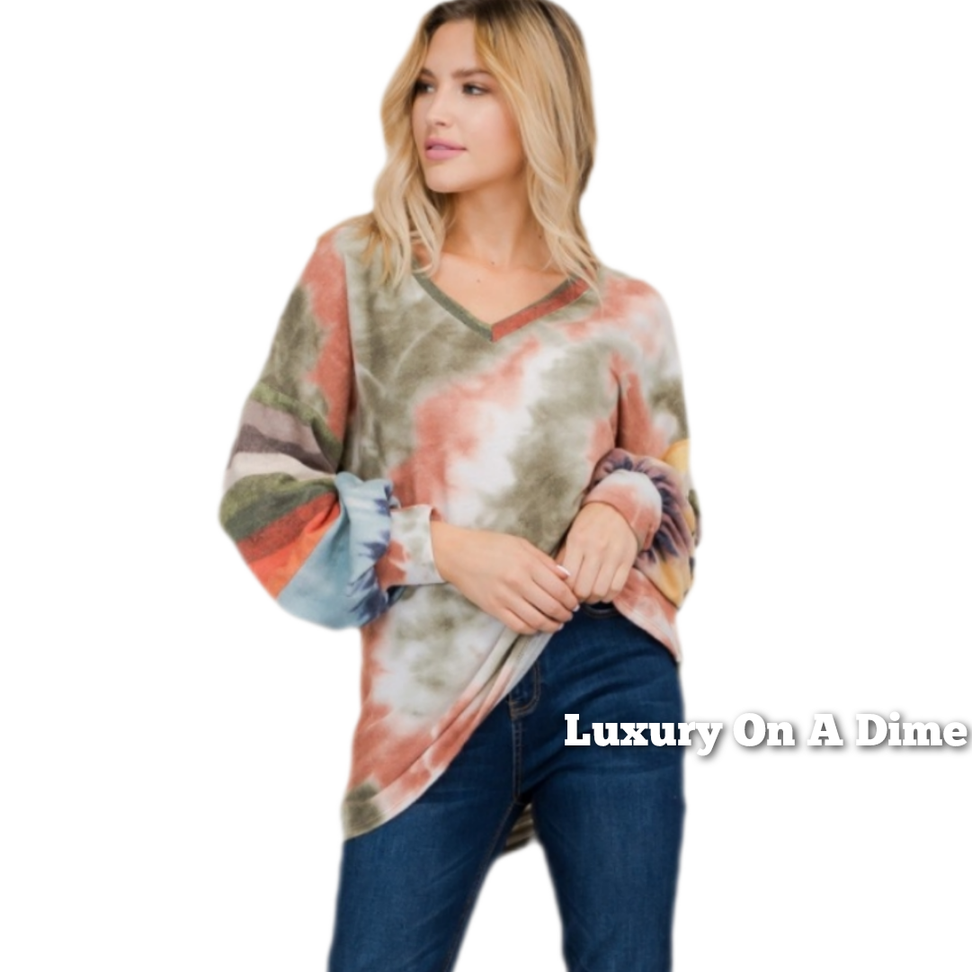 Celeste Tie-dye Patchwork Hippie Color Contrast Top Stripe Long Sleeve Boho Shirt