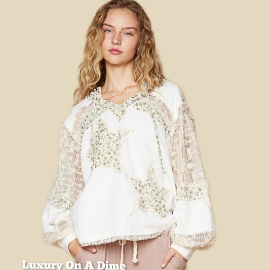 POL Lace Hoodie Star Floral Patchwork Pullover Hippie Top Long Sleeve Boho Shirt