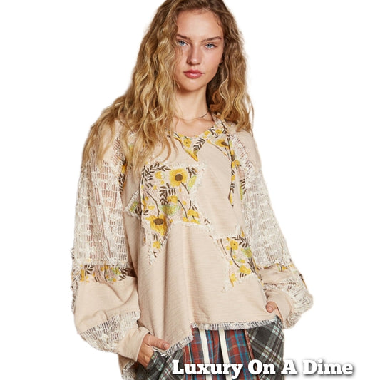 POL Lace Hoodie Star Floral Daisy Patchwork Pullover Top Long Sleeve Boho Shirt