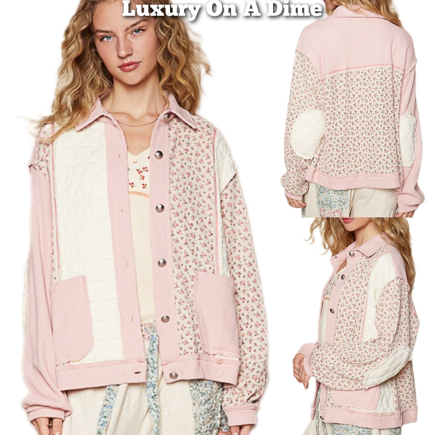 POL Quilted Jacket Patchwork Retro Pink Floral Exposed Seam Patch Pocket Cardigan