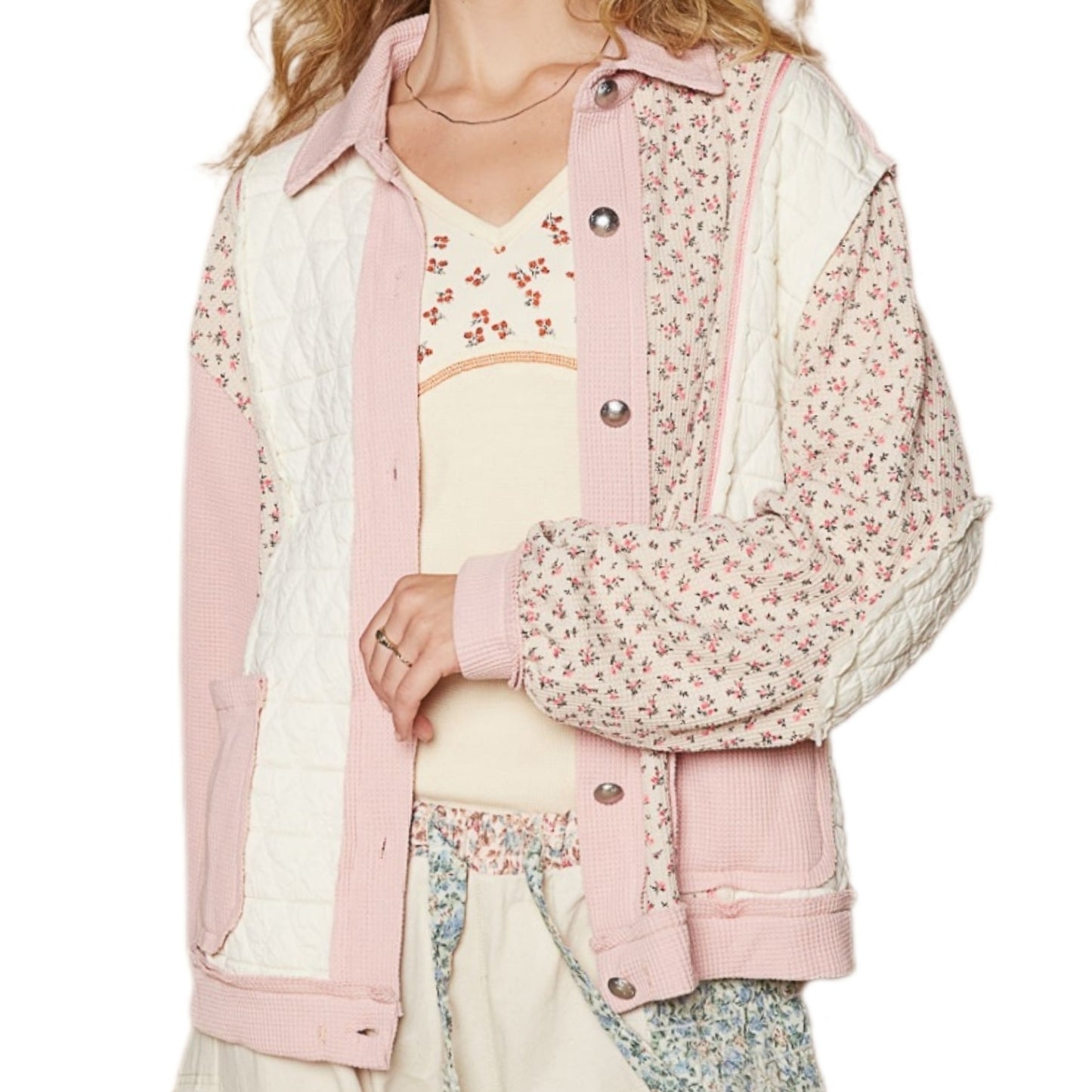 POL Quilted Jacket Patchwork Retro Pink Floral Exposed Seam Patch Pocket Cardigan