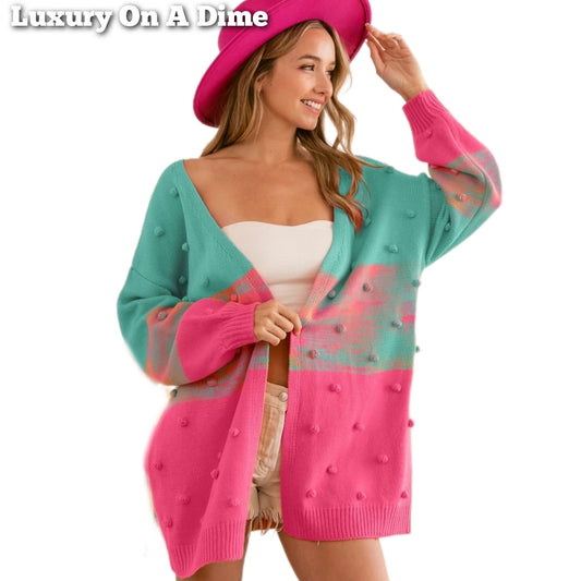 BiBi Puff 3D Pom-pom Oversized Knit Long Cardigan Colorful Colorblock Ombre