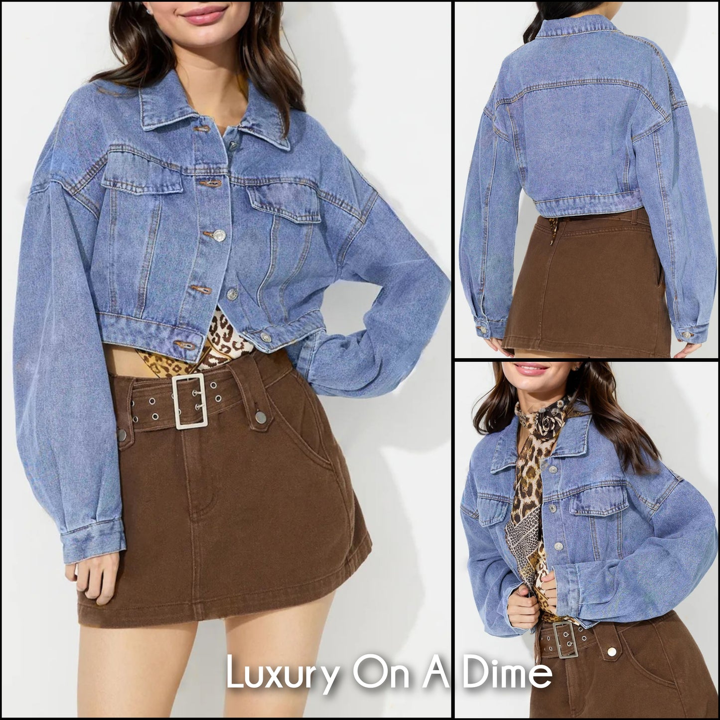 Classic Cropped 90s Retro Button Front Denim Collar Long Sleeve Blue Jean Jacket