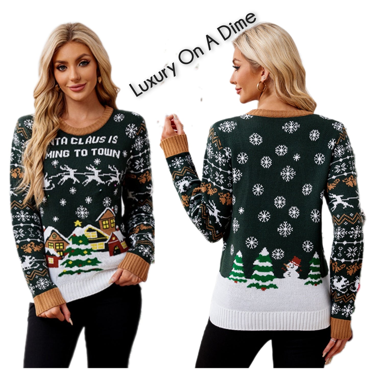 Santa Claus Is Coming to Town Holiday Top Long Sleeve Shirt Pullover Knit Sweater