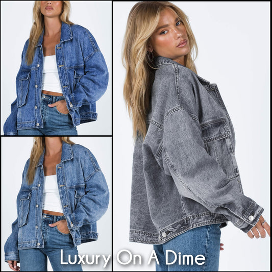 Oversized Denim Jacket Button-Up Collared Retro 90s Boyfriend Heavy Blue Jean