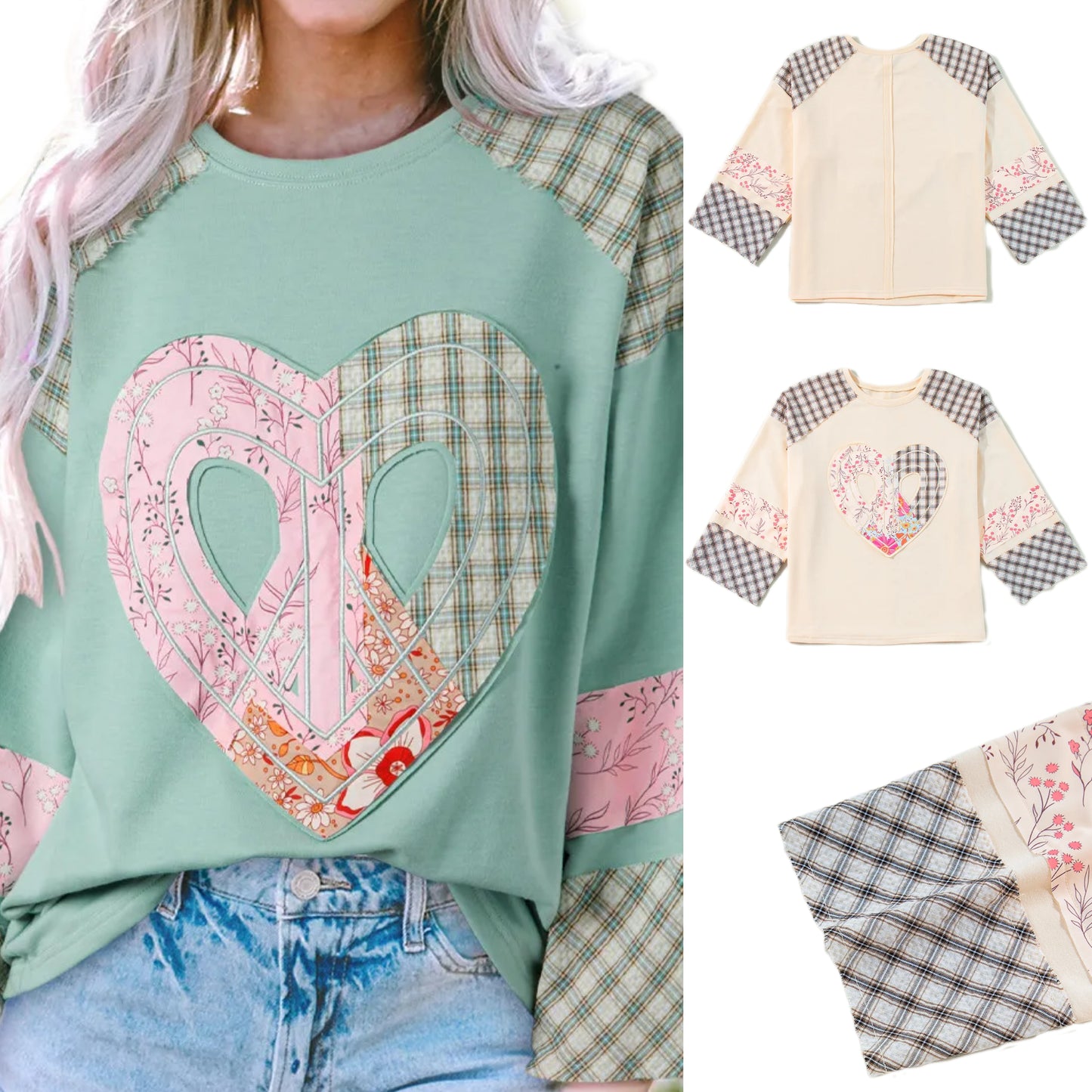 Peace Heart Plaid Floral Patchwork Blouse Long Sleeve Top Oversized Hippie Boho Shirt