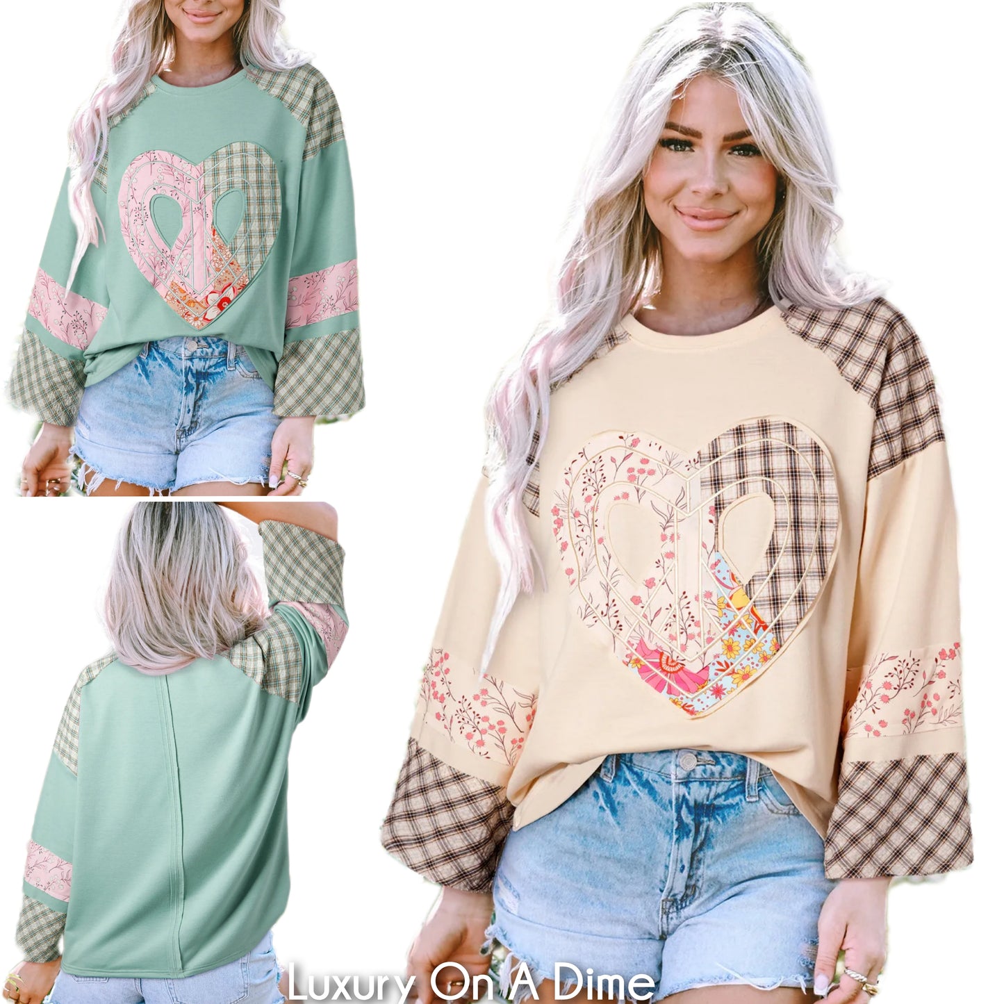 Peace Heart Plaid Floral Patchwork Blouse Long Sleeve Top Oversized Hippie Boho Shirt