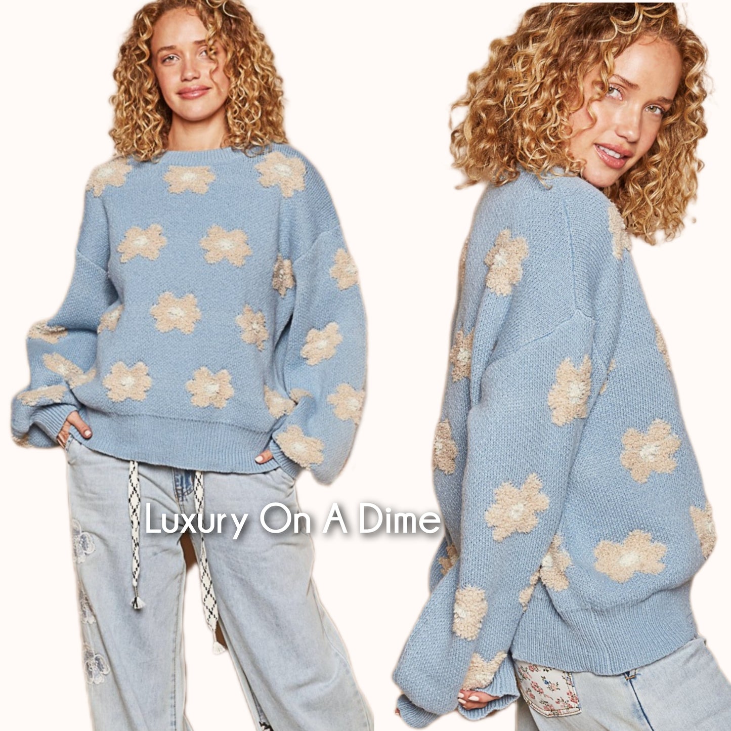 POL Fuzzy French Terry Daisy Knit Long Sleeve Shirt Oversized Pullover Retro Top