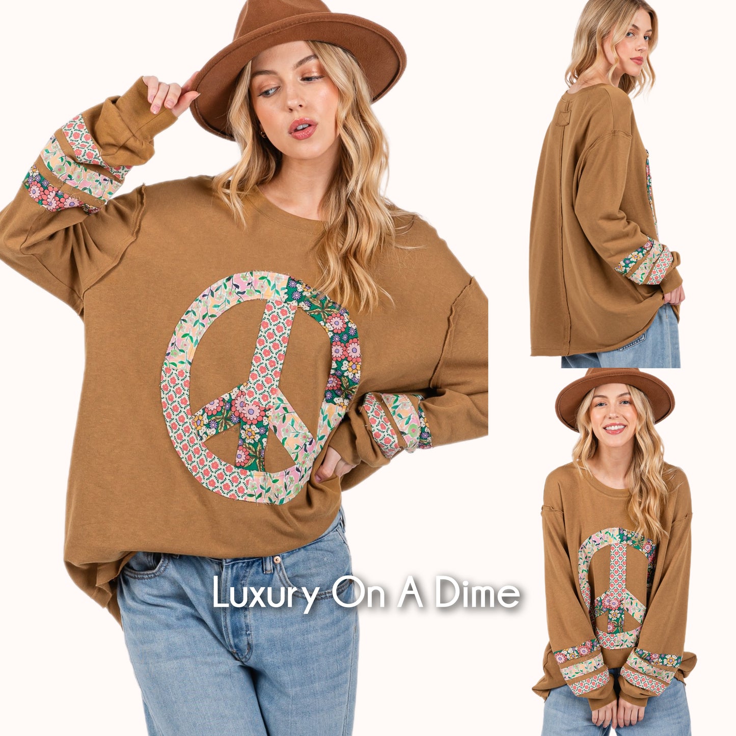 SAGE + FIG Peace Patchwork Shirt Hobo Retro Floral Blouse Oversized Hippie Boho Sweater Top