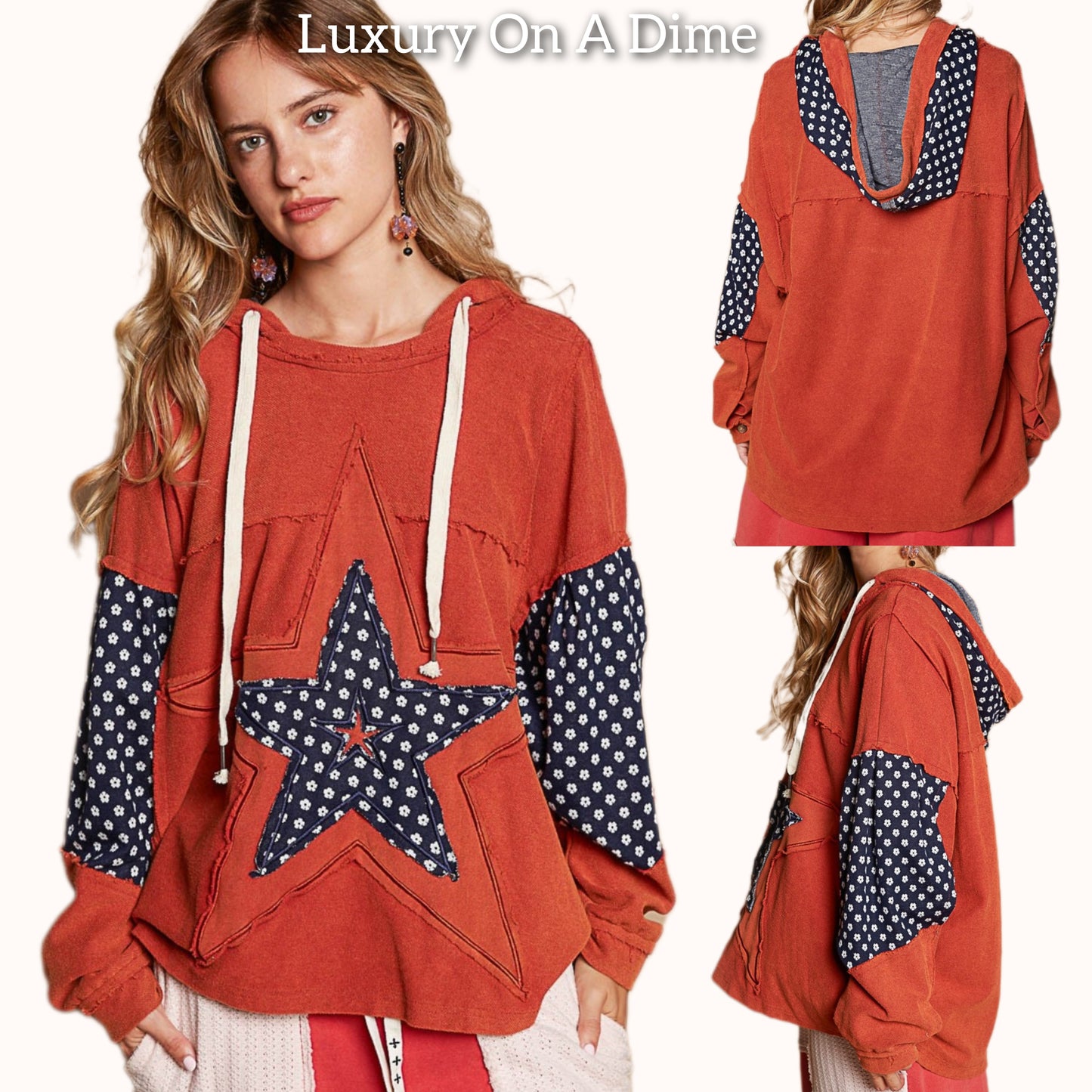 POL French Terry Star Patchwork Hoodie Raw Seam Oversized Top Hippie Boho Shirt