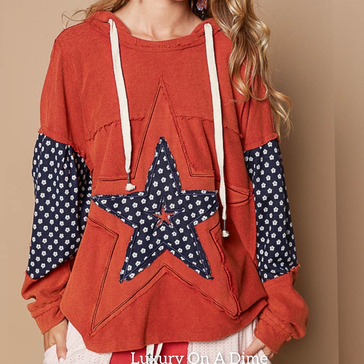 POL French Terry Star Patchwork Hoodie Raw Seam Oversized Top Hippie Boho Shirt