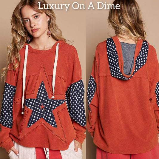 POL French Terry Star Patchwork Hoodie Raw Seam Oversized Top Hippie Boho Shirt