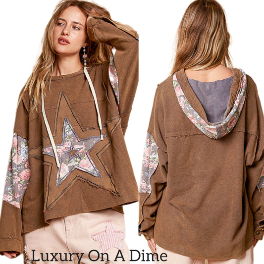 POL Hoodie French Terry Star Patchwork Raw Seam Oversized Top Hippie Boho Shirt