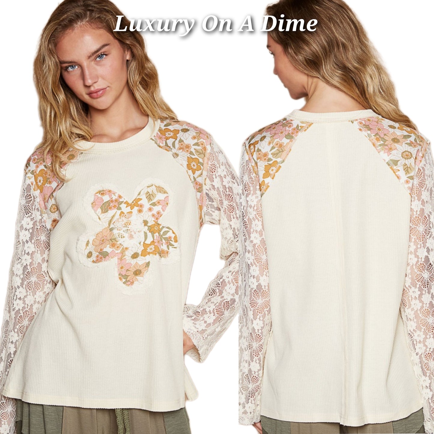 POL Lace Patchwork Retro Daisy Floral Exposed Seam Top Long-Sleeve Boho Knit Shirt