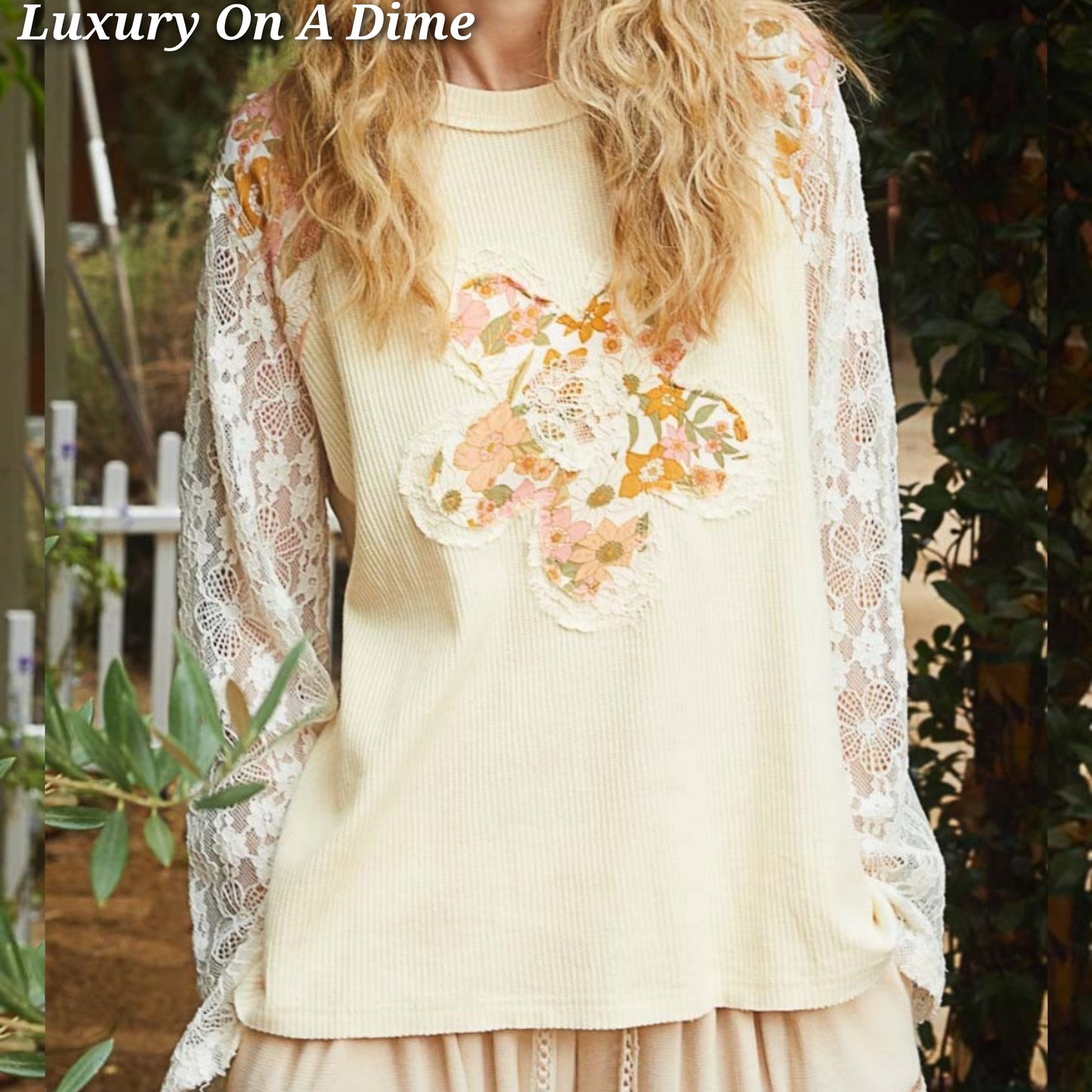 POL Lace Patchwork Retro Daisy Floral Exposed Seam Top Long-Sleeve Boho Knit Shirt